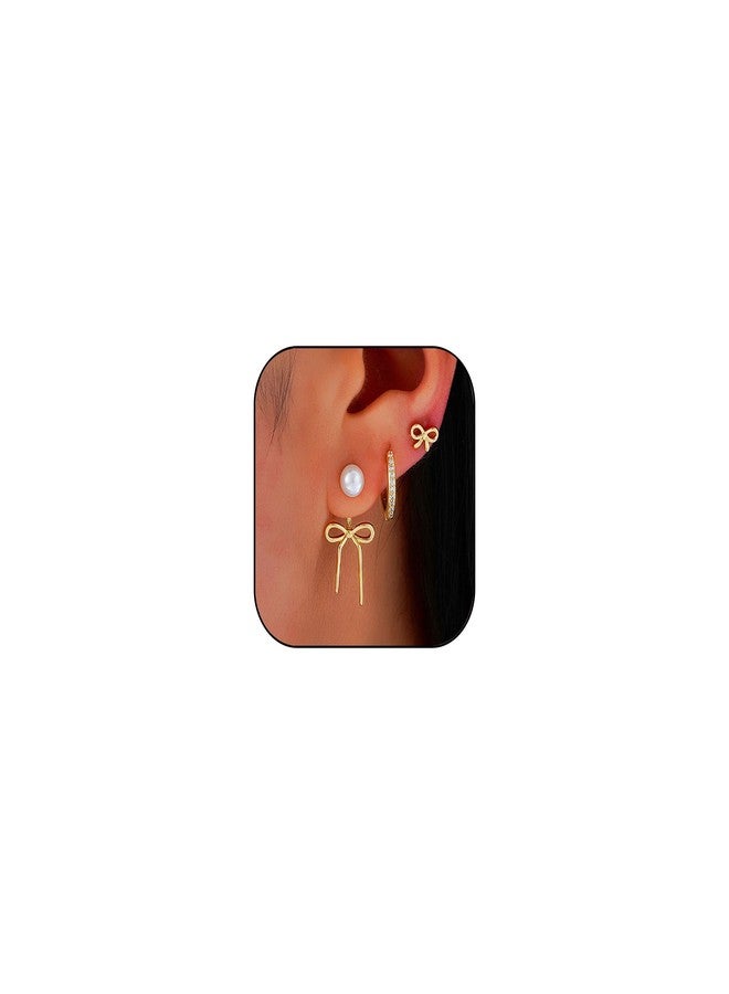 TACBSP Gold Bow Earrings Set for Women Dainty Pearl Bow Huggie Earrings Ribbon Bowknot Hoop Earrings Christmas Prom Jewelry Gifts (A.) - Image 1